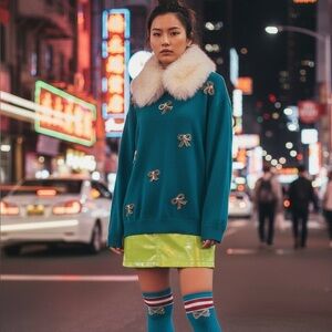 Pearl Embellished Sweater L Teal Blue Beaded Knit 80s 90s Maximalist Loud Layers